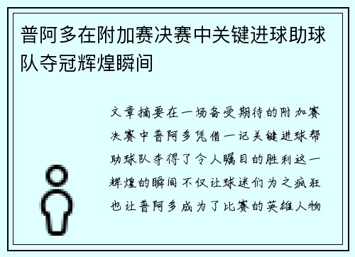 普阿多在附加赛决赛中关键进球助球队夺冠辉煌瞬间