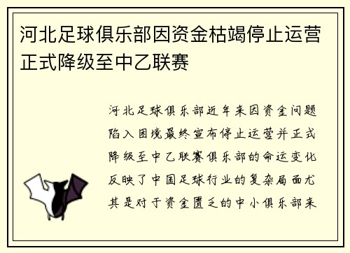 河北足球俱乐部因资金枯竭停止运营正式降级至中乙联赛