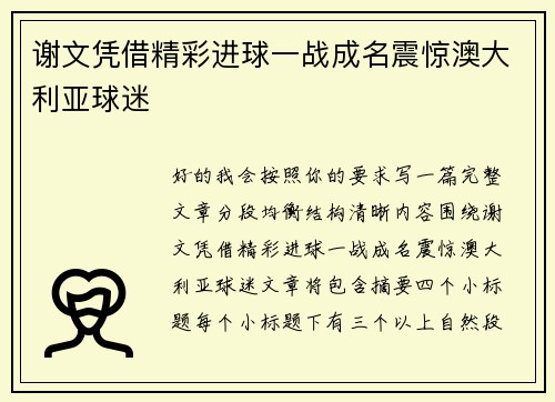 谢文凭借精彩进球一战成名震惊澳大利亚球迷
