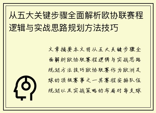 从五大关键步骤全面解析欧协联赛程逻辑与实战思路规划方法技巧